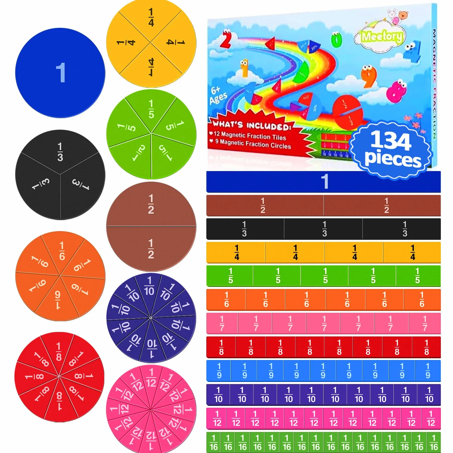 Meetory Lot de 134 tuiles magnétiques et cercles de fraction éducatives pour apprendre les mathématiques à l’école primaire idéal pour salle de classe