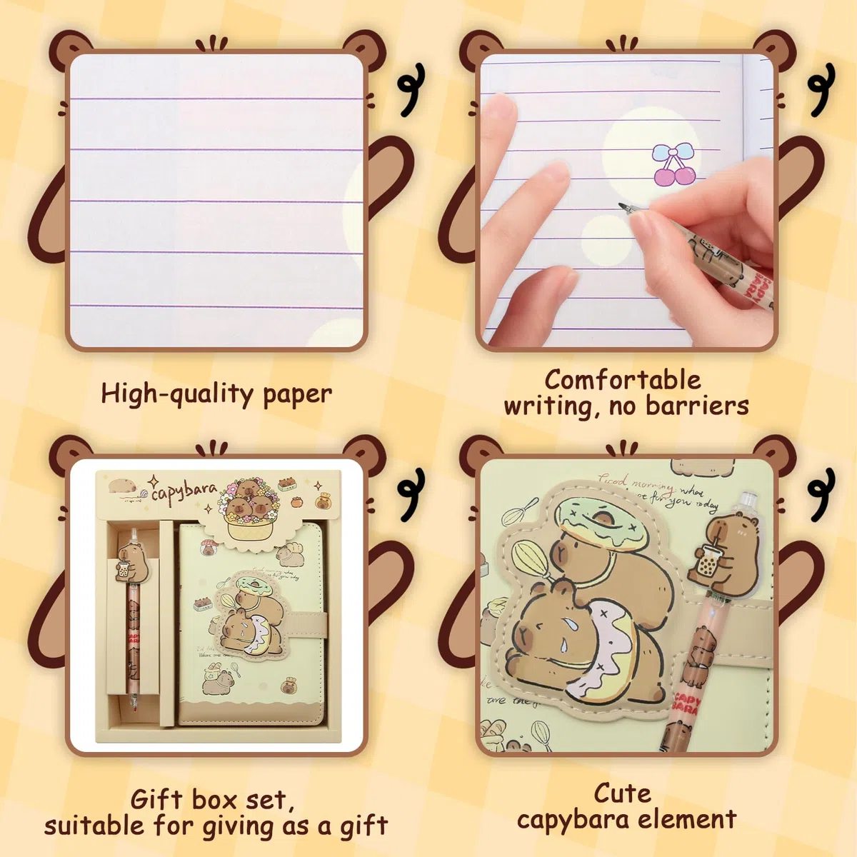 Coffret cadeau 2 en 1 avec papeterie sur le thème du Capybara, comprenant 1 carnet A6, un journal intime, un bloc-notes et un stylo, idéal pour un anniversaire, un bureau ou une école (beignet)