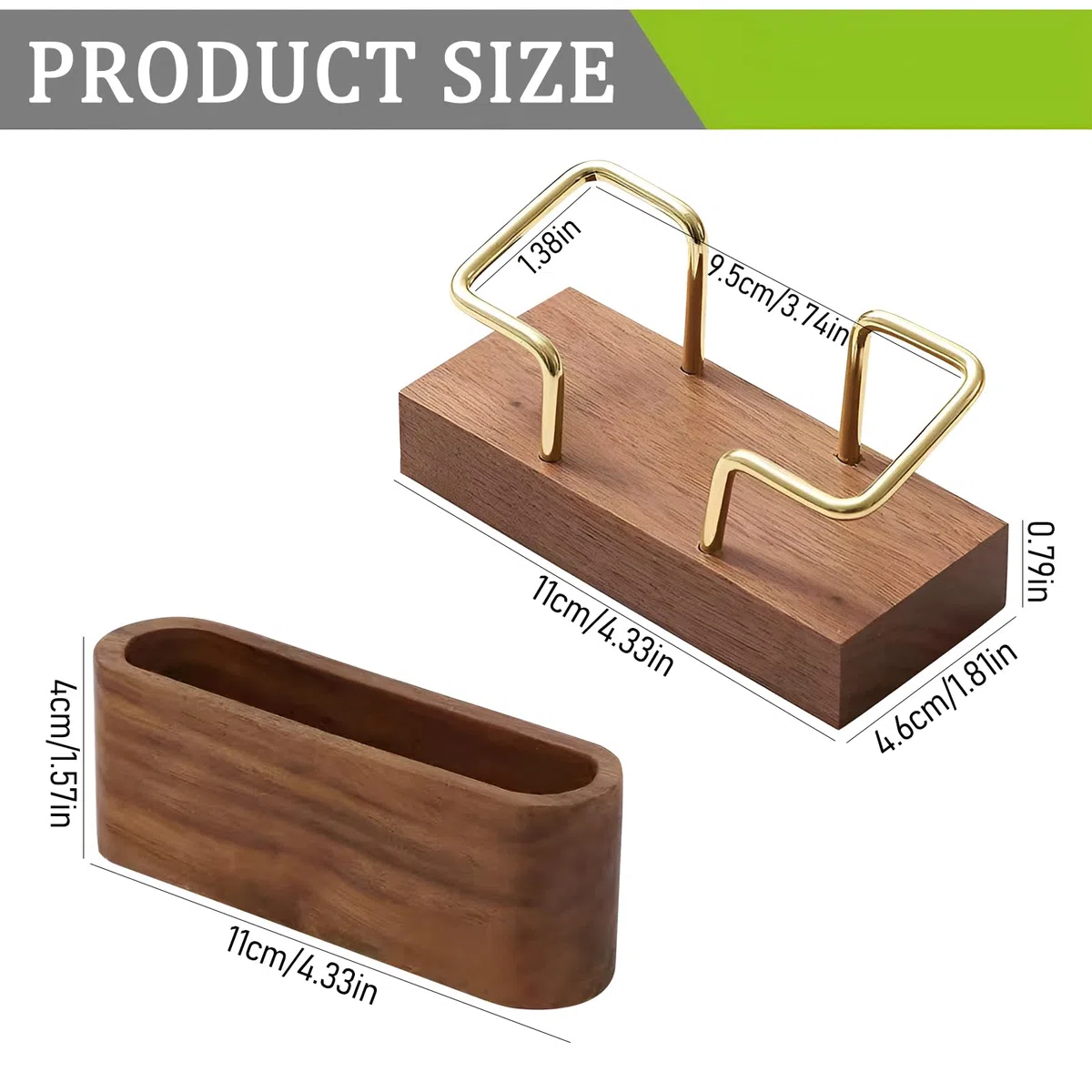 Porte-cartes de visite en bois – Lot de 2 supports en bois massif avec cadre métallique doré, design professionnel pour bureau, réception et décoration élégante – (brun foncé)