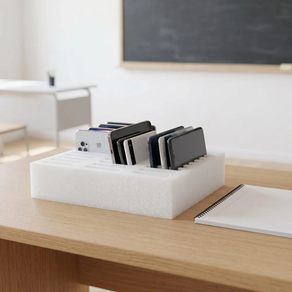 TEHAUX Mousse de Rangement pour Téléphone Portable (X Emplacements), Organisateur Multi-Mobiles en Mousse EPE Antichoc, Boîte de Rangement pour Classe, Bureau et Réunions (Blanc)