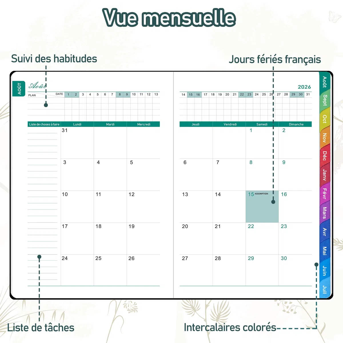 Agenda 2026–2027 A5 Semainier Vertical – Août 2026 à Juillet 2027, Version Française, Onglets Colorés avec Poche Intérieure