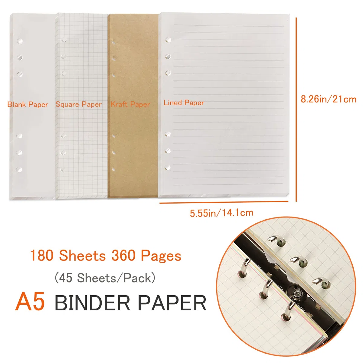 DY.2ten Lot de recharges A5 à 6 trous - (recharges de papier quadrillé + papier ligné + papier kraft + papier vierge à feuilles volantes - 180 feuilles/360 pages (45 feuilles de chaque type)