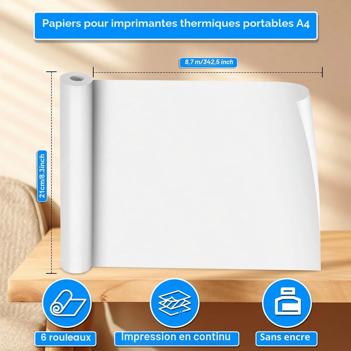 (6 Rouleaux) Papier Thermique A4 Pliable, Papier Imprimante Thermique, Papier Thermique A4, Sans BPA, Séchage Rapide, pour Imprimante Thermique pour Documents, Pages Web et Photos