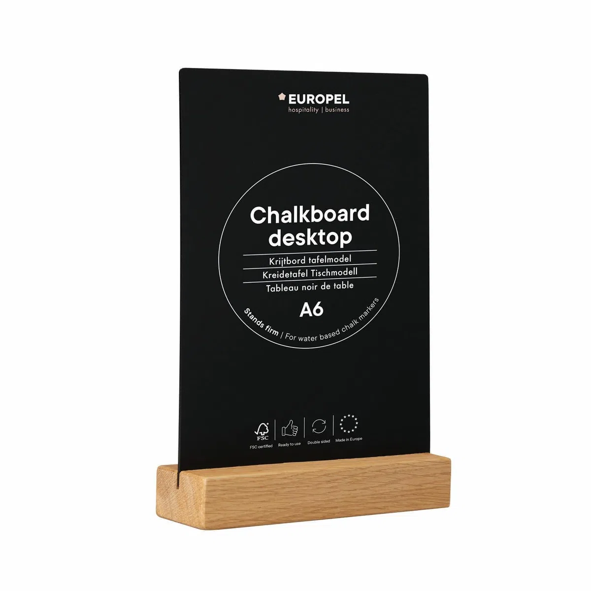 EUROPEL Présentoir de table de luxe style ardoise A5 vertical, pied en bois de chêne certifié FSC, pour marqueur à base d'eau, présentation recto-verso, pour restaurant, hôtel, conférence, festivals