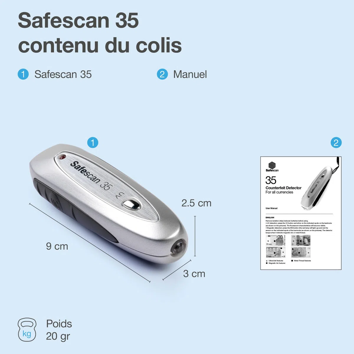Safescan 35 détecteur de faux billets portable afin de vérifier les billets, cartes bancaires et ID - Détecteur UV pour les nouveaux billets - Détecteur lampe UV - Vérificateur UV