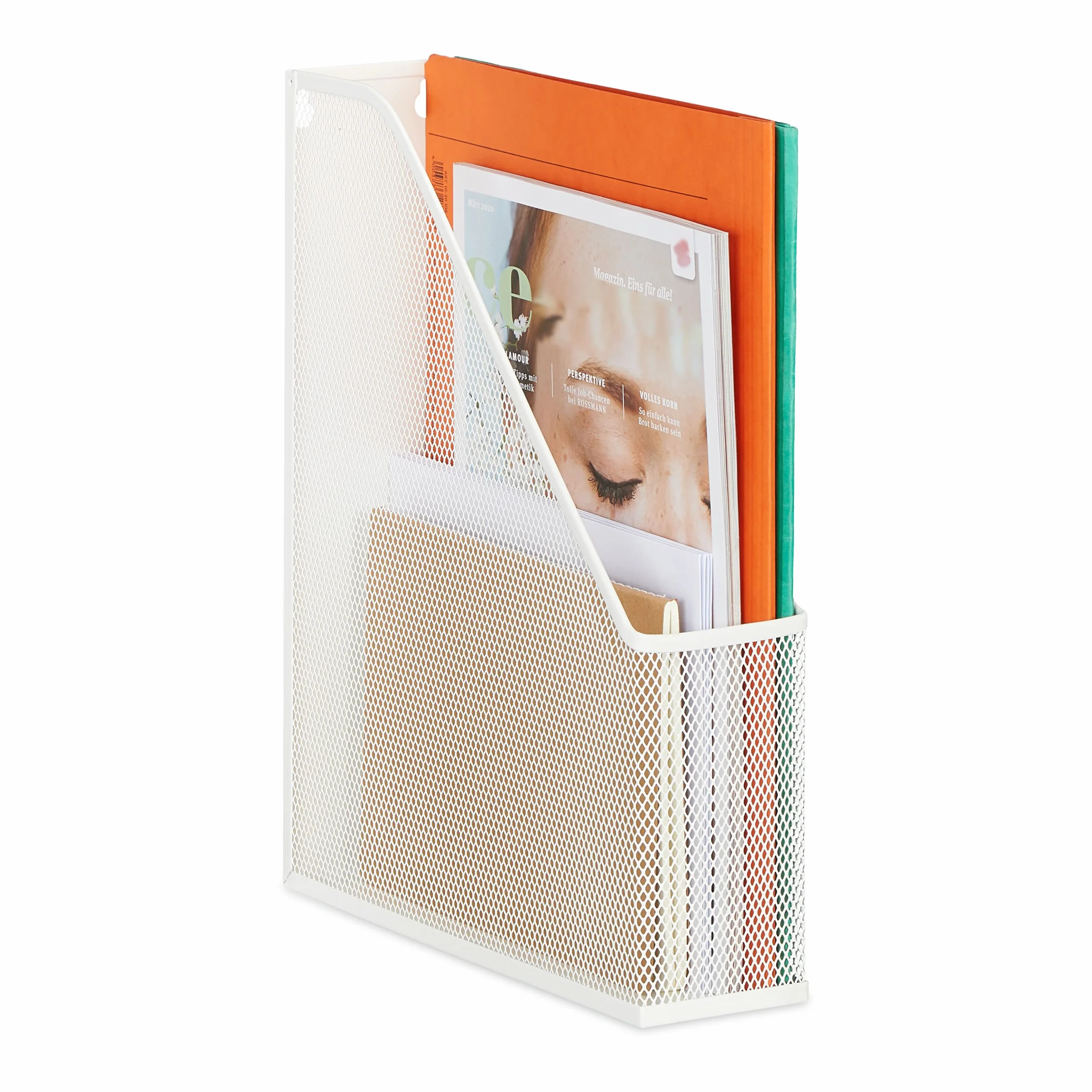 Relaxdays Range-revues en métal, Format A4, HxLxP : 31,5x7x25 cm, Porte-Magazines, Design Maille, Bureau, Maison, Blanc