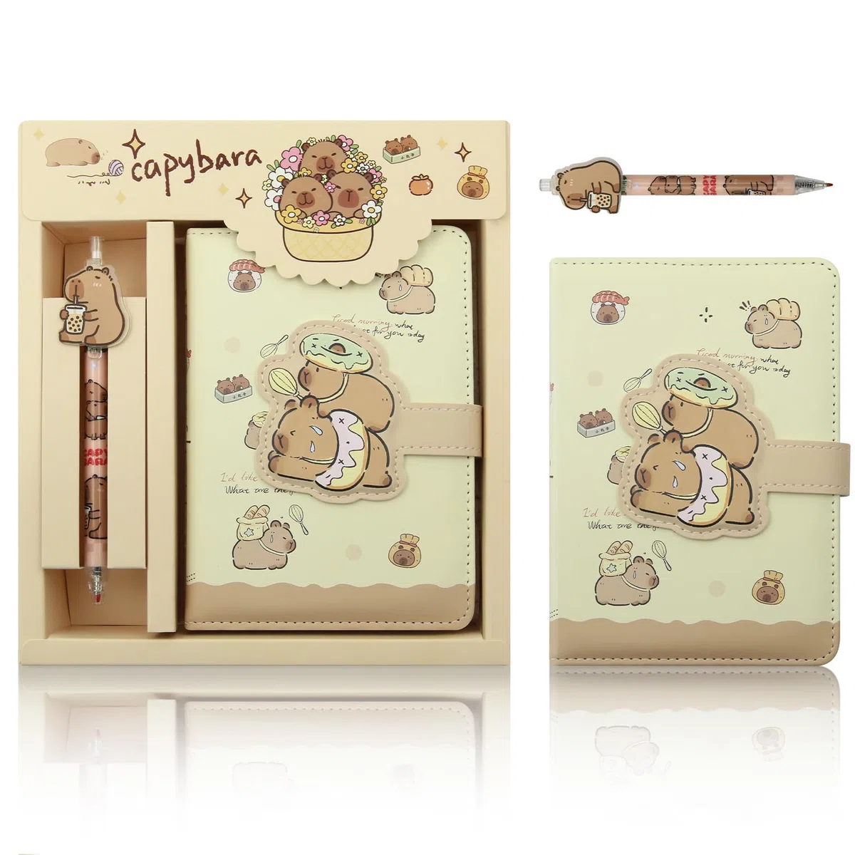 Coffret cadeau 2 en 1 avec papeterie sur le thème du Capybara, comprenant 1 carnet A6, un journal intime, un bloc-notes et un stylo, idéal pour un anniversaire, un bureau ou une école (beignet)