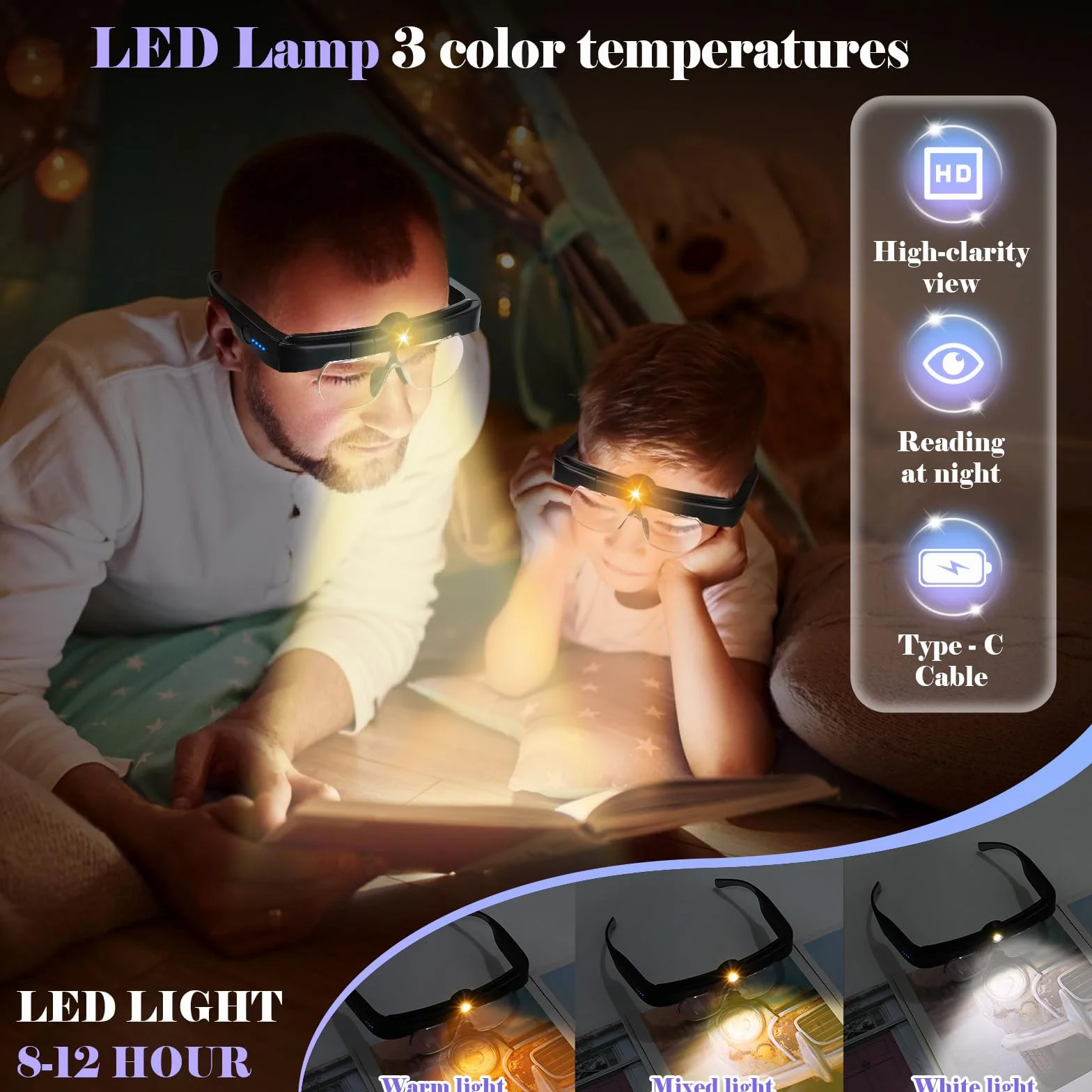 NZQXJXZ Loupe Serre-Tête avec Lumière LED et Réglage à 3 Températures de Couleur, 4 Lentilles Détachables(1.5X 2.5X 3.5X 5X), Lampe Frontale pour Lecture, Bijoutier, Broderie, Couture, Bijoux, Noir