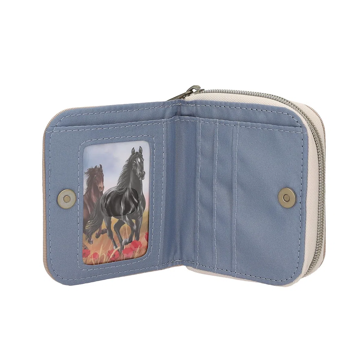 Depesche 13344 Miss Melody Poppy Sand - Porte-Monnaie en Beige et Bleu, avec Motif de Chevaux et de Coquelicots, Porte-Monnaie avec Bouton-Pression