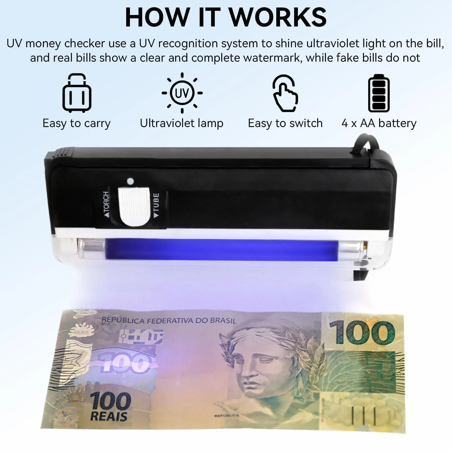 Agatige Détecteur Faux Billets Mini Poche, Détecteur Faux Billets Portable Afin Vérifier Billets, Cartes Bancaires Et ID Détecteur UV Pour Nouveaux Billets Détecteur Lampe UV Vérificateur Magasins