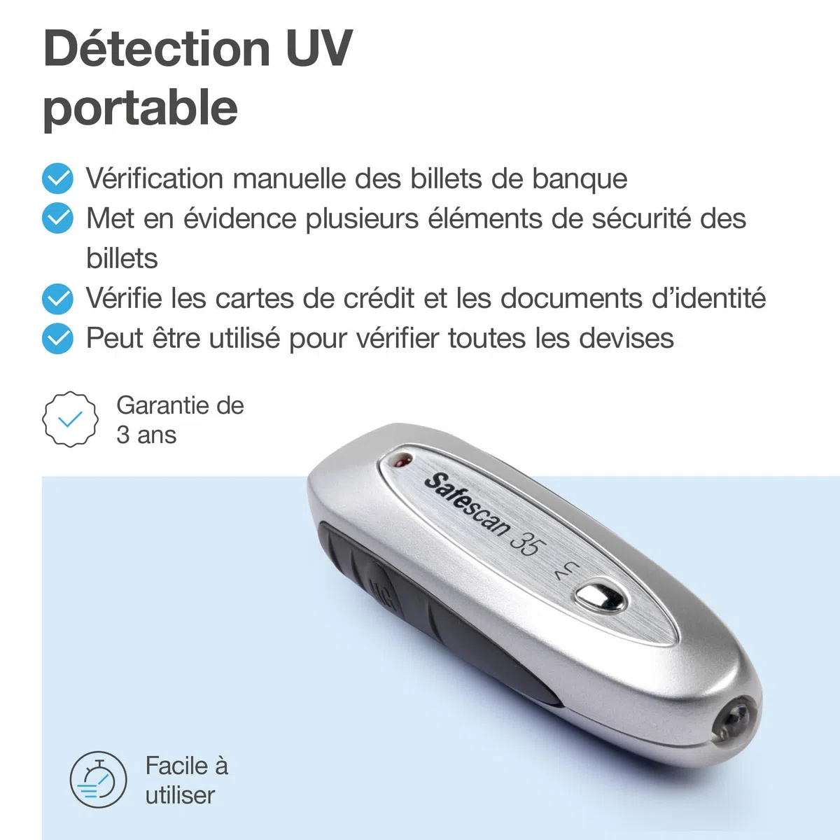 Safescan 35 détecteur de faux billets portable afin de vérifier les billets, cartes bancaires et ID - Détecteur UV pour les nouveaux billets - Détecteur lampe UV - Vérificateur UV