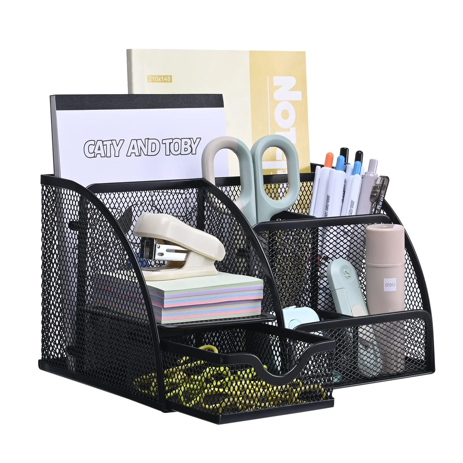 MumdoYAL Organisateur de bureau en maille métallique avec tiroir et porte-stylos pour stylos, notes adhésives, agrafeuses, trombones, compact et élégant pour un gain de place.