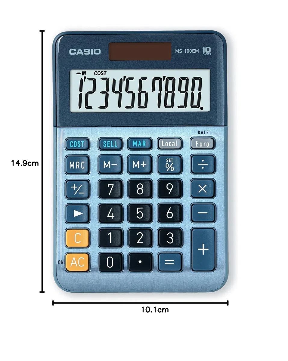 Casio MS100EM Calculatrice de Bureau à 10 Chiffres à énergie solaire/Batterie avec Calcul de Pourcentage avancé, Conversion de devises en euros Bleu