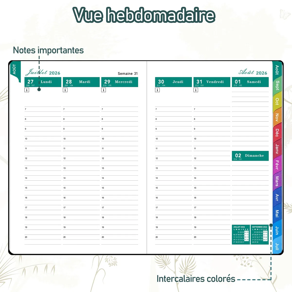 Agenda 2026–2027 A5 Semainier Vertical – Août 2026 à Juillet 2027, Version Française, Onglets Colorés avec Poche Intérieure