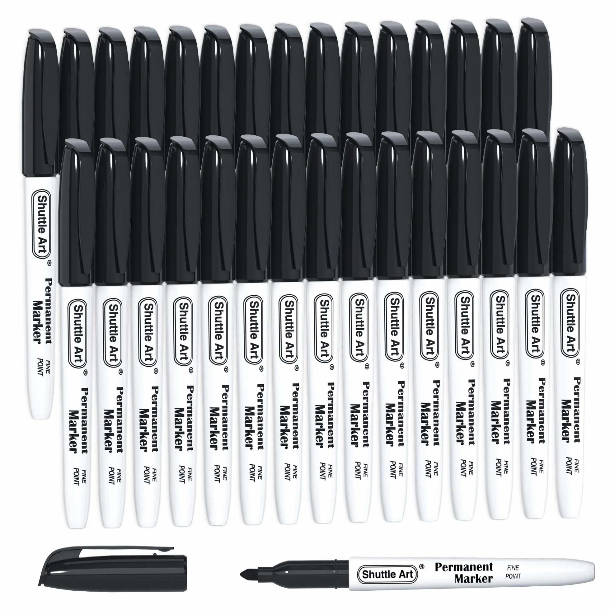 Shuttle Art Marqueurs Indélébiles Noir, Lot de 30 Marqueurs Permanent Pointe Fine, Encre Noir, Feutre Indélébile Fonctionne sur Plastique Bois Pierre Métal Verre pour Marquer