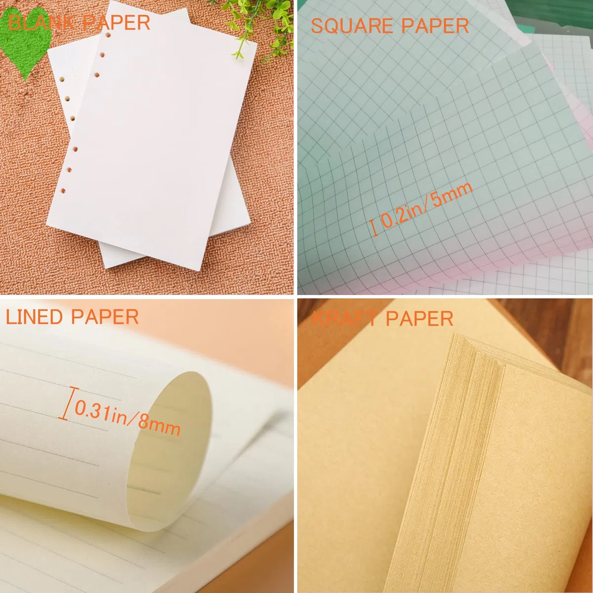 DY.2ten Lot de recharges A5 à 6 trous - (recharges de papier quadrillé + papier ligné + papier kraft + papier vierge à feuilles volantes - 180 feuilles/360 pages (45 feuilles de chaque type)