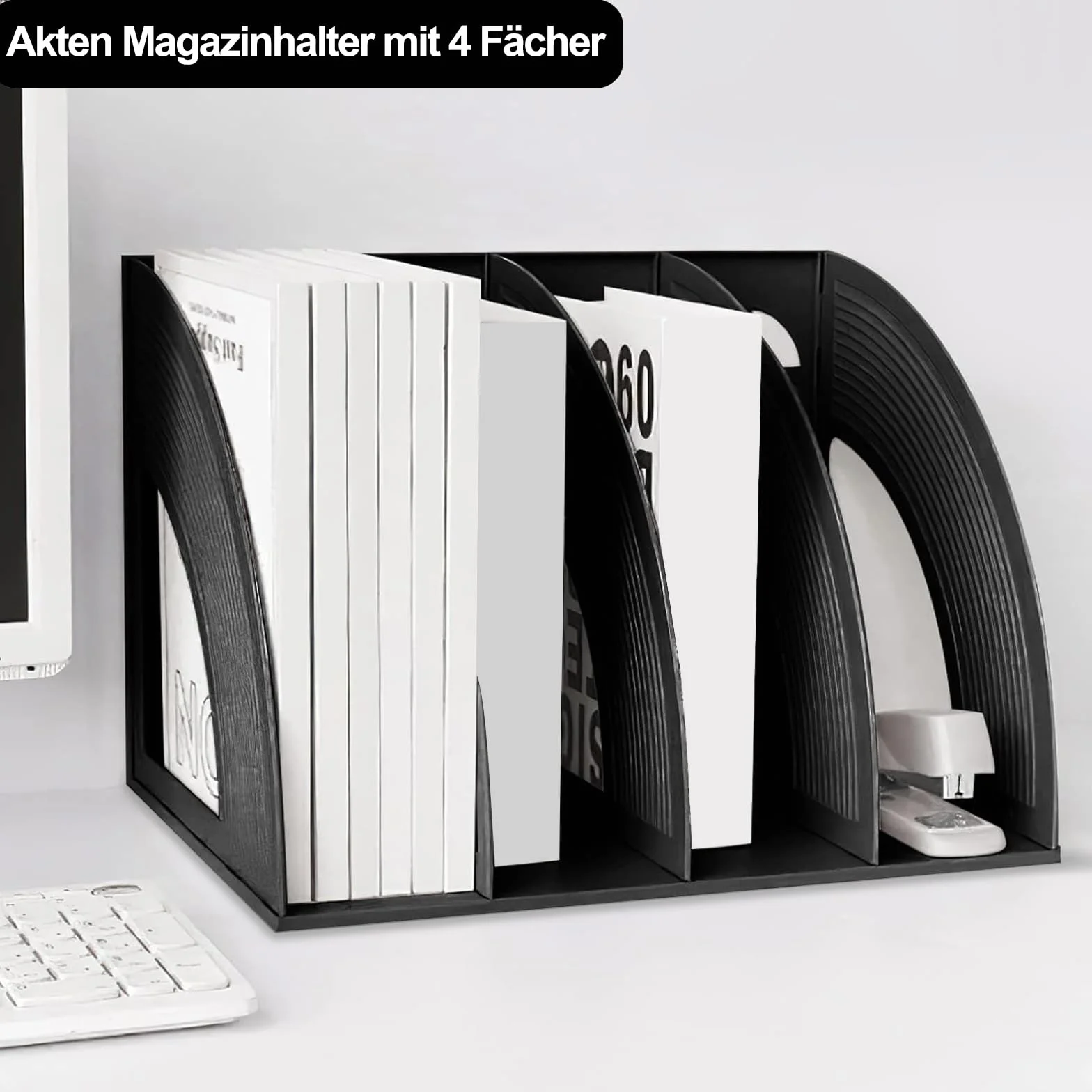 Porte-Revues en Plastique, Porte Revues à 4 Compartiments, Porte-Revues en Plastique, Trieur de Dossiers Verticaux, Organiseur de Bureau, pour Magazine Papier A4 Livre Dossier, Noir