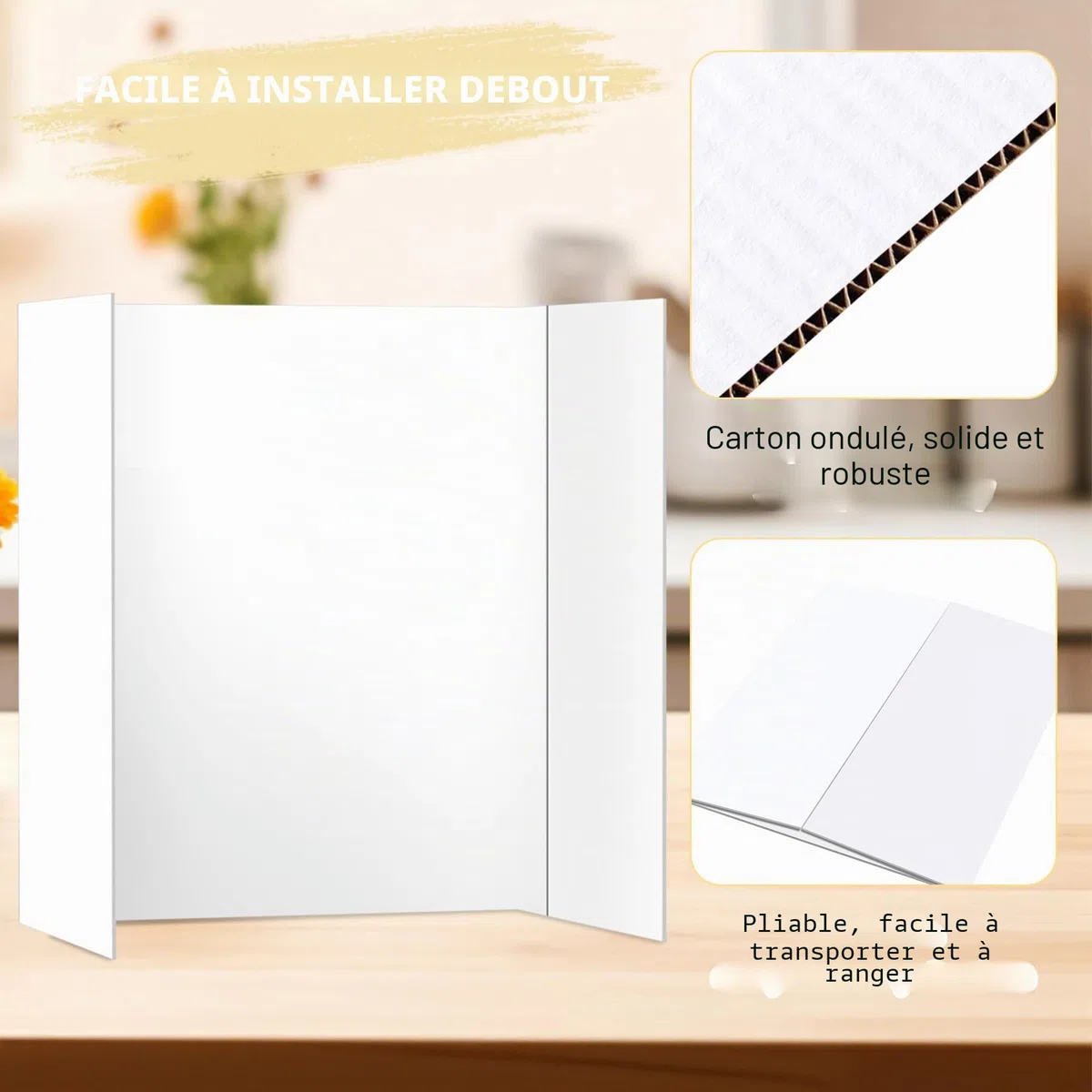 HAUTOCO Lot de 3 petits panneaux d'affichage tri-pliables, panneau d'affichage de présentation pliable 536 x 356 mm, carton ondulé léger pour afficher des photos, projets d'art et d'artisanat, blanc