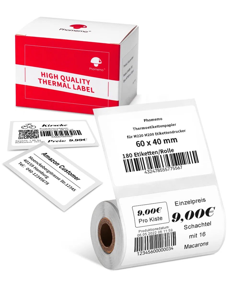 Phomemo étiquettes thermiques en papier pour imprimante d'étiquettes M220 M250 M221 M421 Étiquettes autocollantes multifonctionnelles, d'adresse, étiquettes de prix, 60x40 mm, 180 étiquettes/rouleau