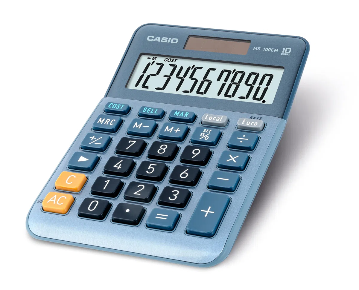 Casio MS100EM Calculatrice de Bureau à 10 Chiffres à énergie solaire/Batterie avec Calcul de Pourcentage avancé, Conversion de devises en euros Bleu