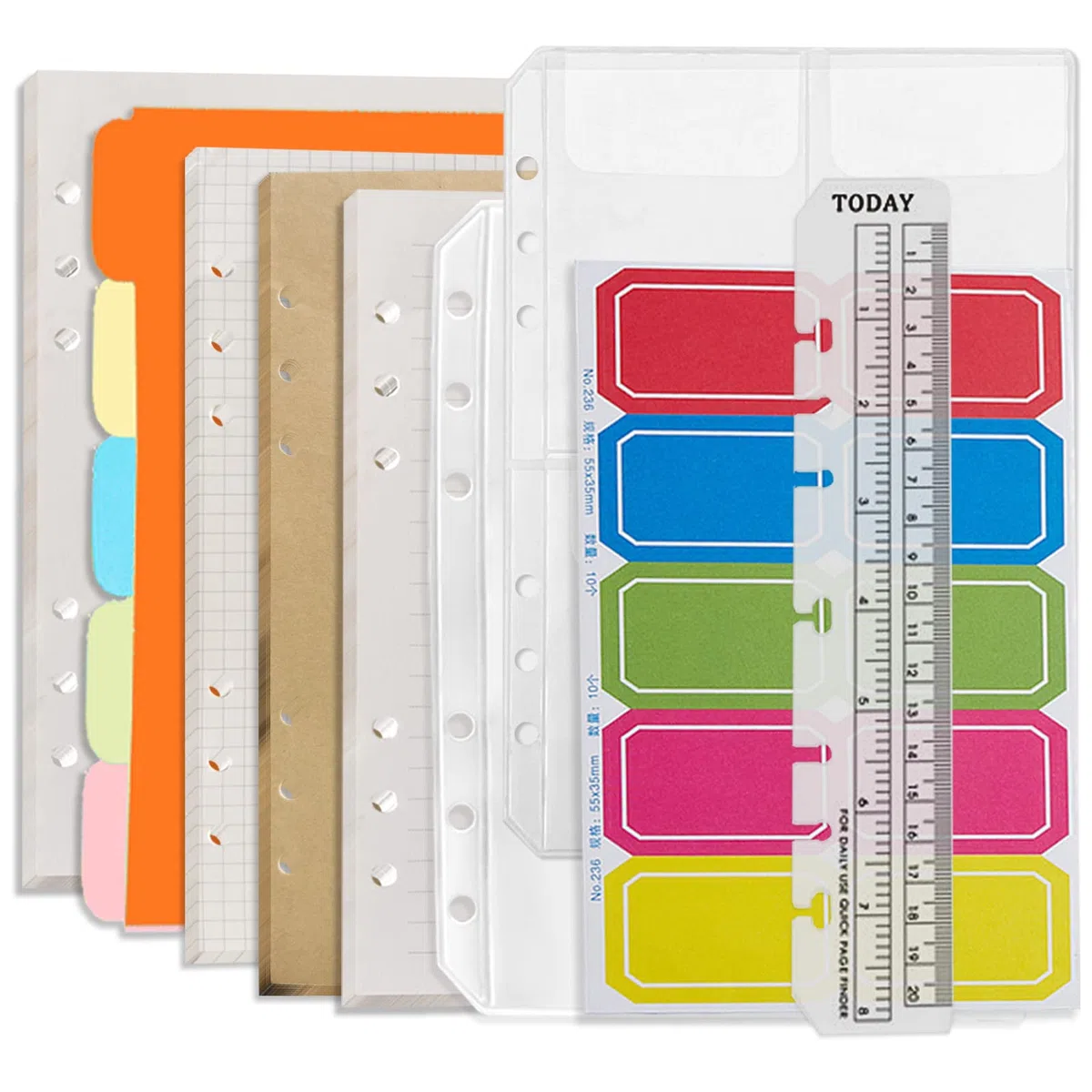 DY.2ten Lot de recharges A5 à 6 trous - (recharges de papier quadrillé + papier ligné + papier kraft + papier vierge à feuilles volantes - 180 feuilles/360 pages (45 feuilles de chaque type)