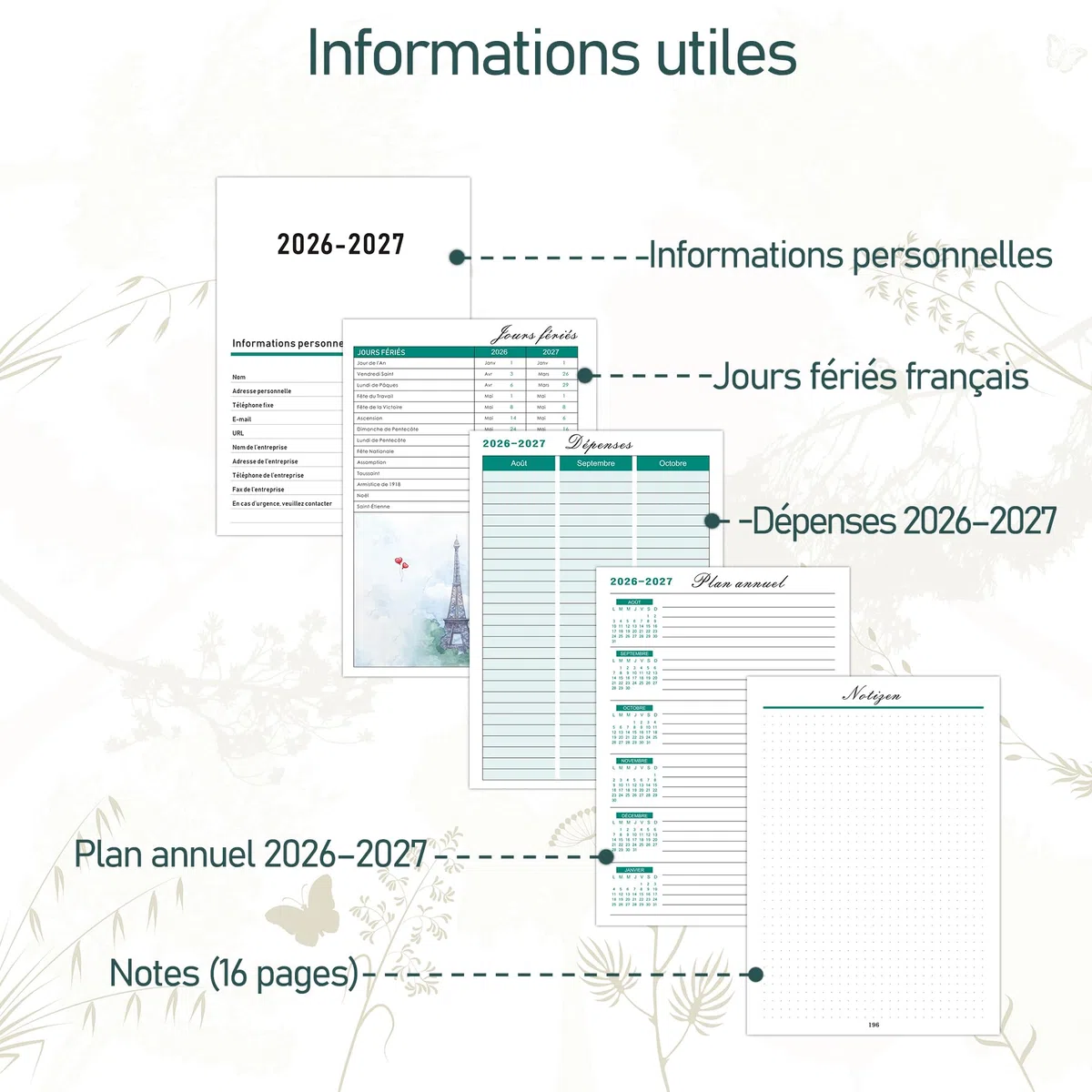 Agenda 2026–2027 A5 Semainier Vertical – Août 2026 à Juillet 2027, Version Française, Onglets Colorés avec Poche Intérieure