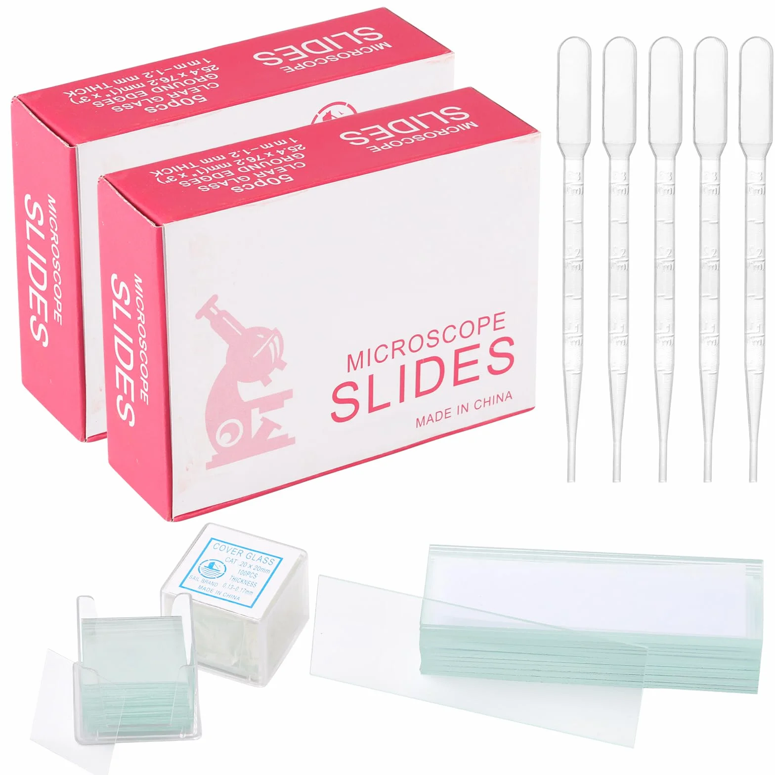 100 Pièces Lames Vierges 25,4 x 76,2 mm et 200 Lamelles carrés 20 x 20 mm avec 5 Compte-Gouttes pour Laboratoire Biologie Étude Scientifique