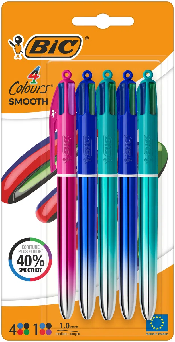 BIC 4 Couleurs Smooth Stylos-Billes Rétractables à Pointe Moyenne (1 mm) - Stylo 4 Couleurs avec encre effet gel fluide - Couleurs d’Encre Assorties, Pack de 5