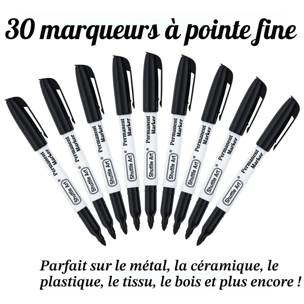 Shuttle Art Marqueurs Indélébiles Noir, Lot de 30 Marqueurs Permanent Pointe Fine, Encre Noir, Feutre Indélébile Fonctionne sur Plastique Bois Pierre Métal Verre pour Marquer