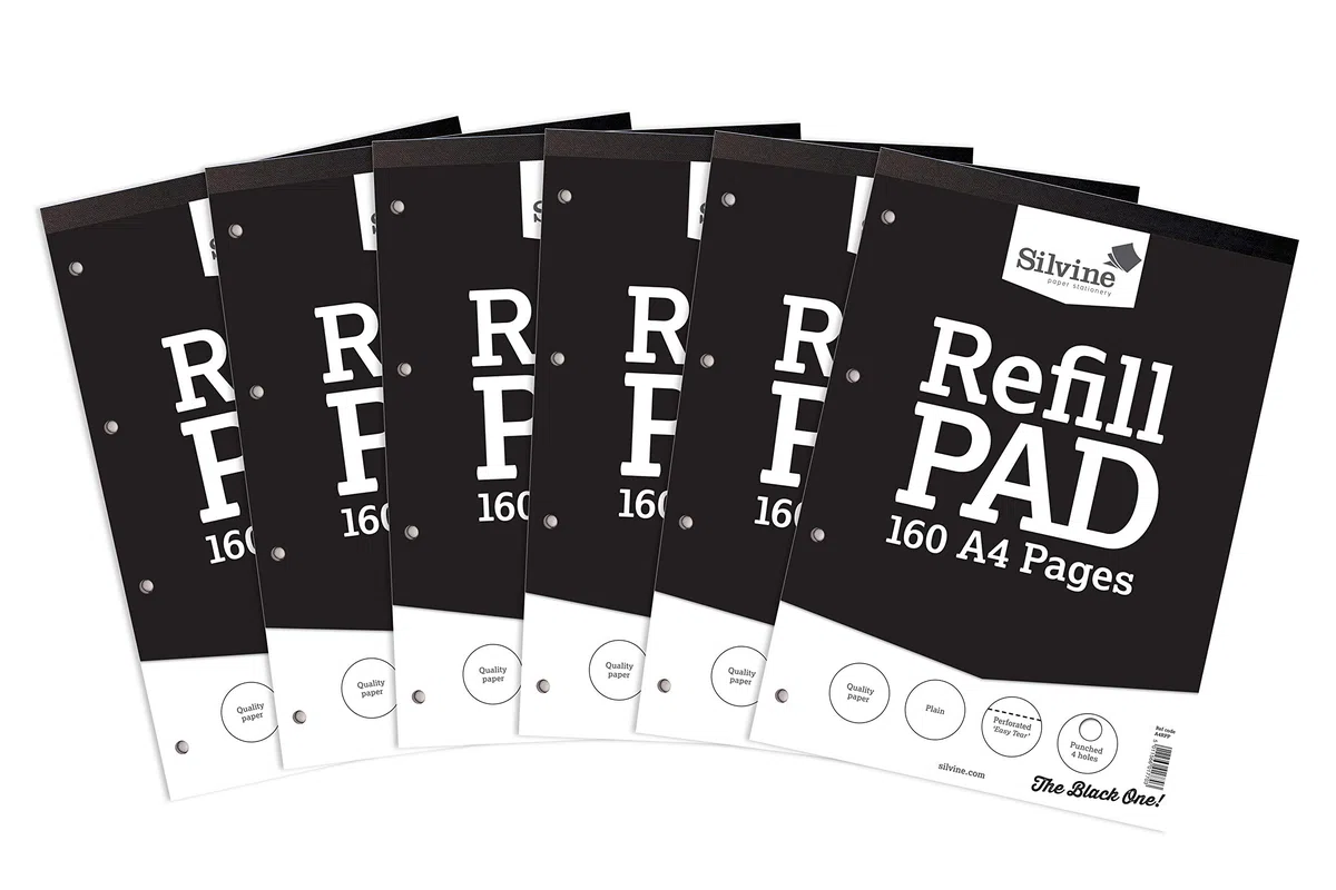 Silvine Bloc-notes de 160 pages A4 relié, 4 perforations Uni 6 Pack Noir
