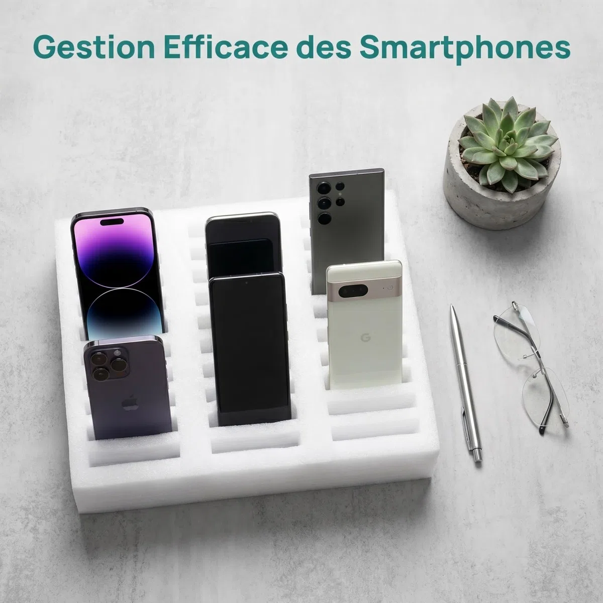 TEHAUX Mousse de Rangement pour Téléphone Portable (X Emplacements), Organisateur Multi-Mobiles en Mousse EPE Antichoc, Boîte de Rangement pour Classe, Bureau et Réunions (Blanc)