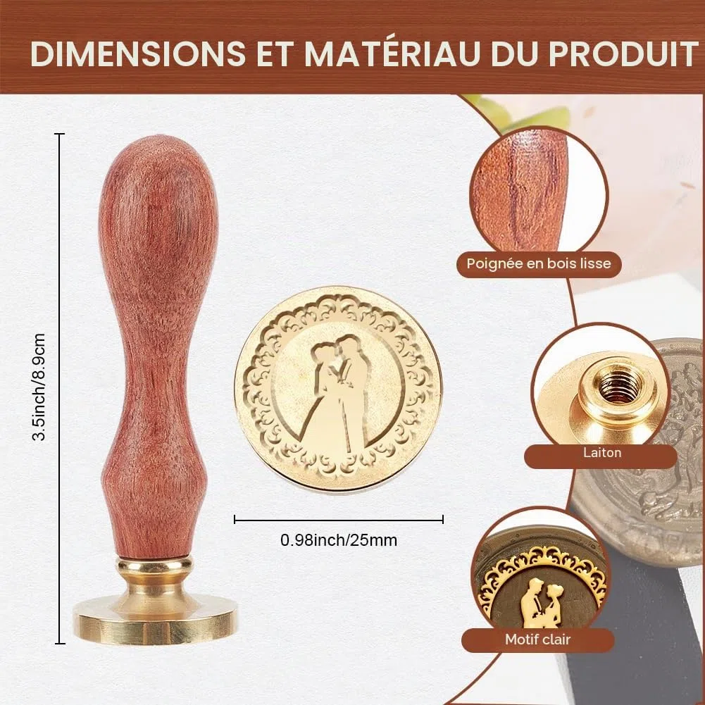 MAYJOYDIY Sceau de Cire de Couple de Mariage Vintage Tampon de Cire à Cacheter Romantique Mariée Tête de Tampon en Laiton Amovible de 25mm pour Carte D'Invitation de Mariage Enveloppes Emballage