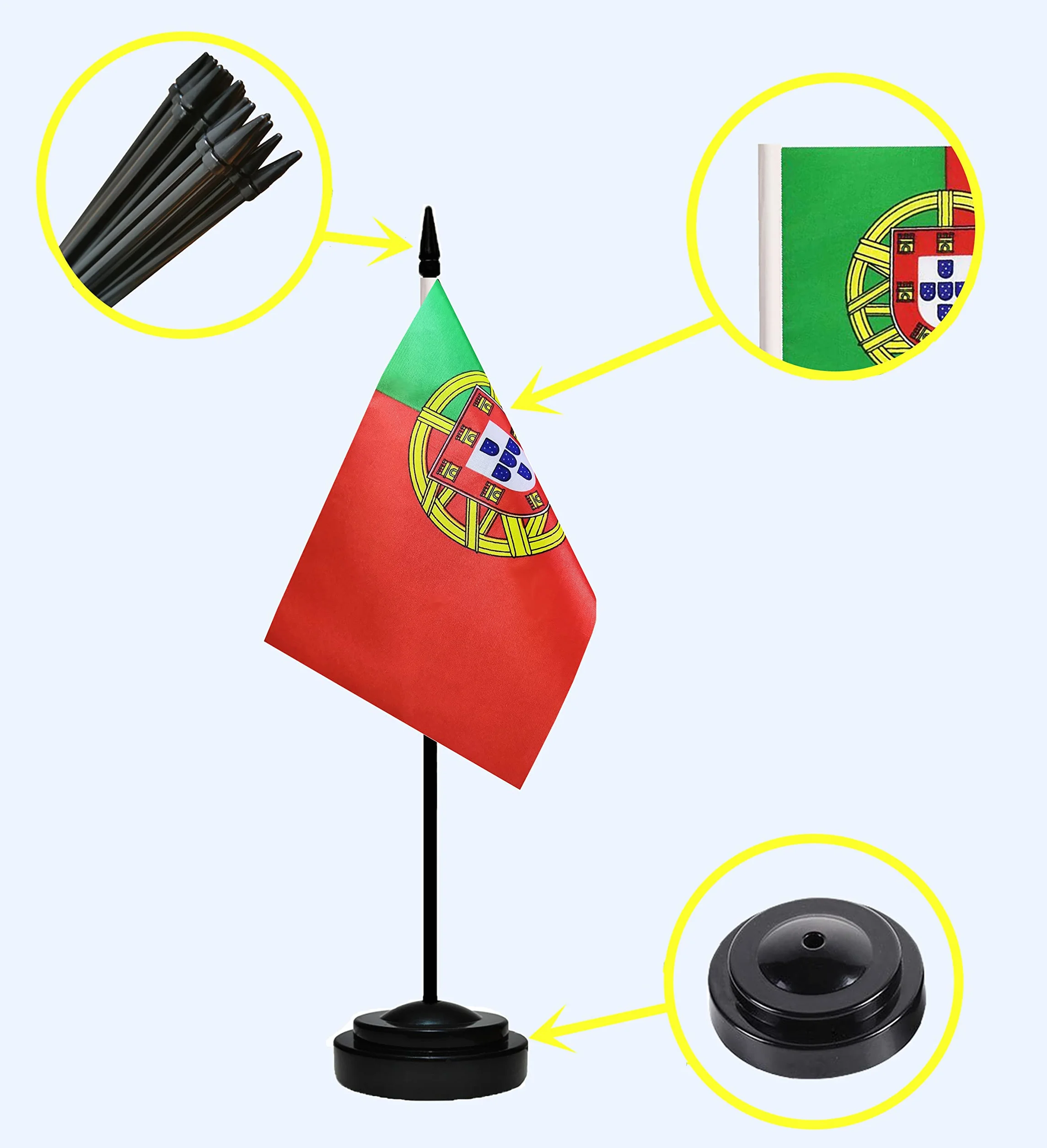 Lot de 2 drapeaux de bureau portugais de luxe avec mât solide, base noire et dessus en lance