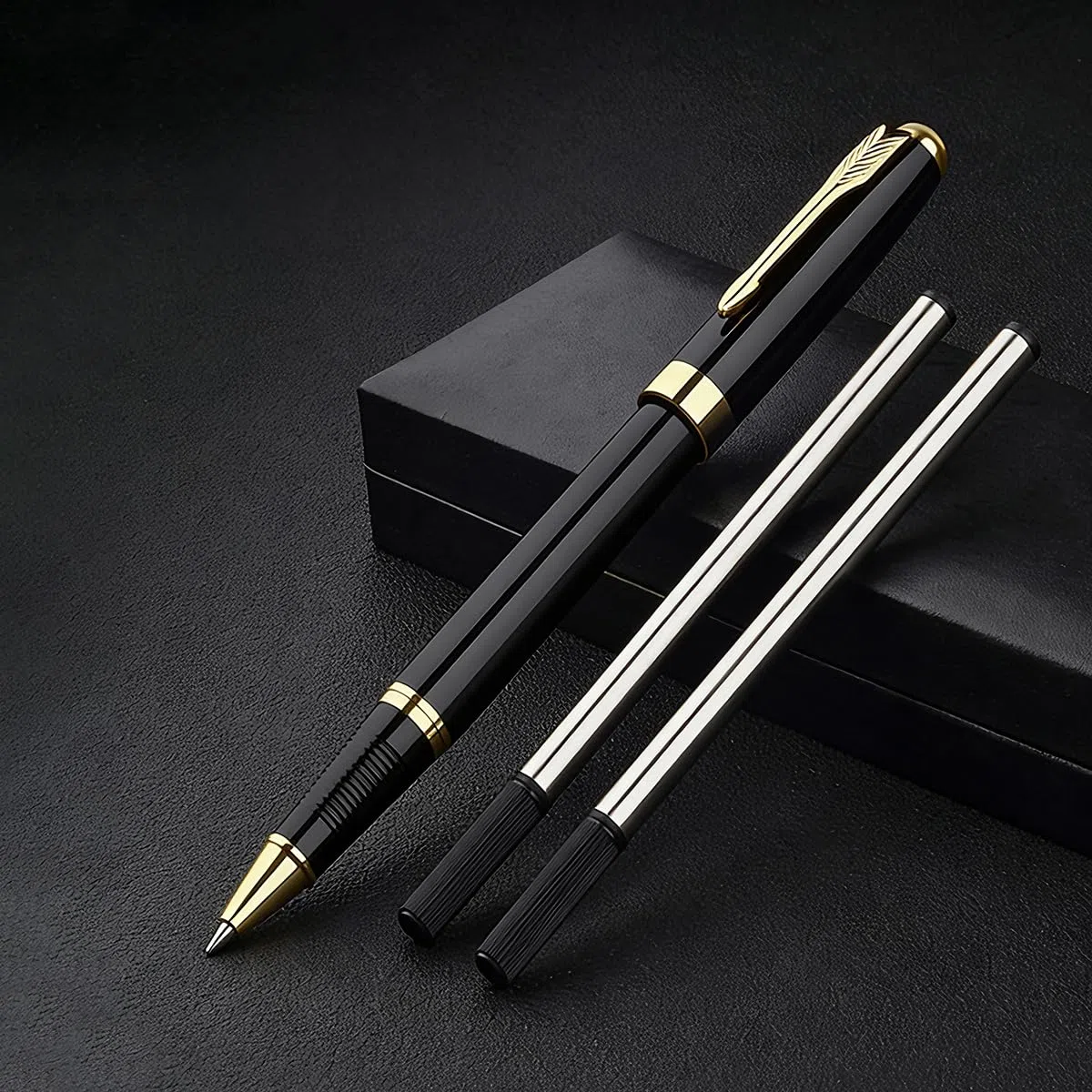 Lot de stylos de signature en métal (noir) - Stylo à bille personnalisé - Qualité supérieure - Coffret cadeau - Bureau professionnel