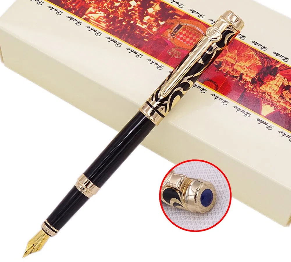 Duke Sapphire Stylo plume Or Trim avec 6 Noir stylo à encre et cartouche d'encre recharge convertisseur en boîte cadeau de luxe pour les affaires Signature et Collection
