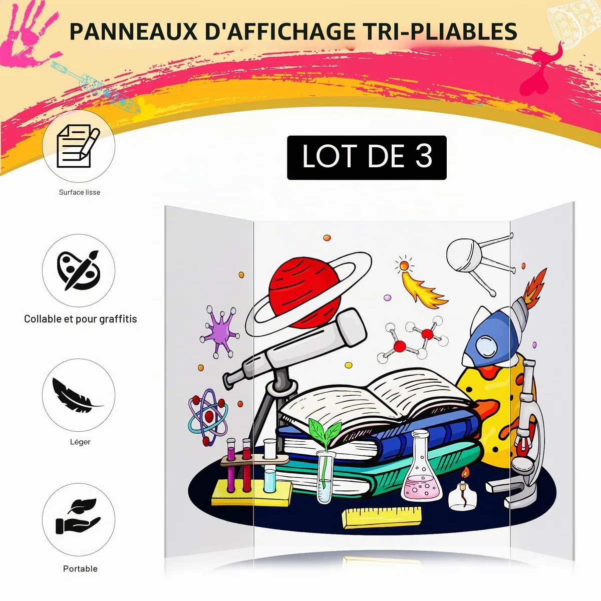 HAUTOCO Lot de 3 petits panneaux d'affichage tri-pliables, panneau d'affichage de présentation pliable 536 x 356 mm, carton ondulé léger pour afficher des photos, projets d'art et d'artisanat, blanc