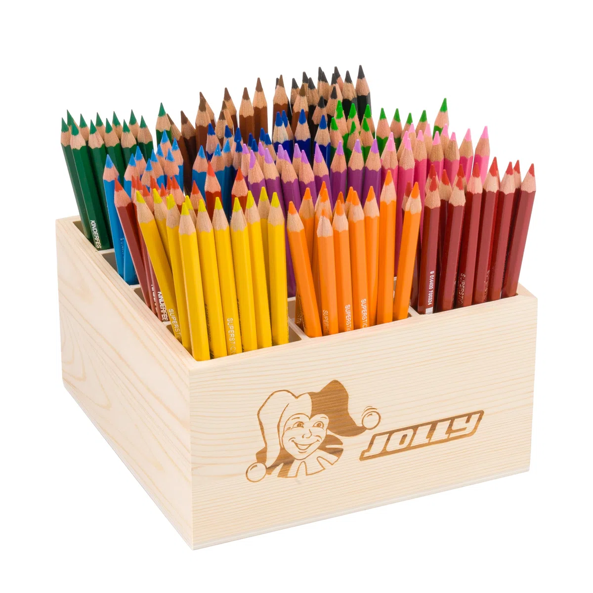 JOLLY Classpack Wood, Supersticks Classic, Basic colours, boîte en bois, avec 144 crayons de couleur, 12 couleurs primaires, incassables et non toxiques, idéal pour l'école et la maternelle