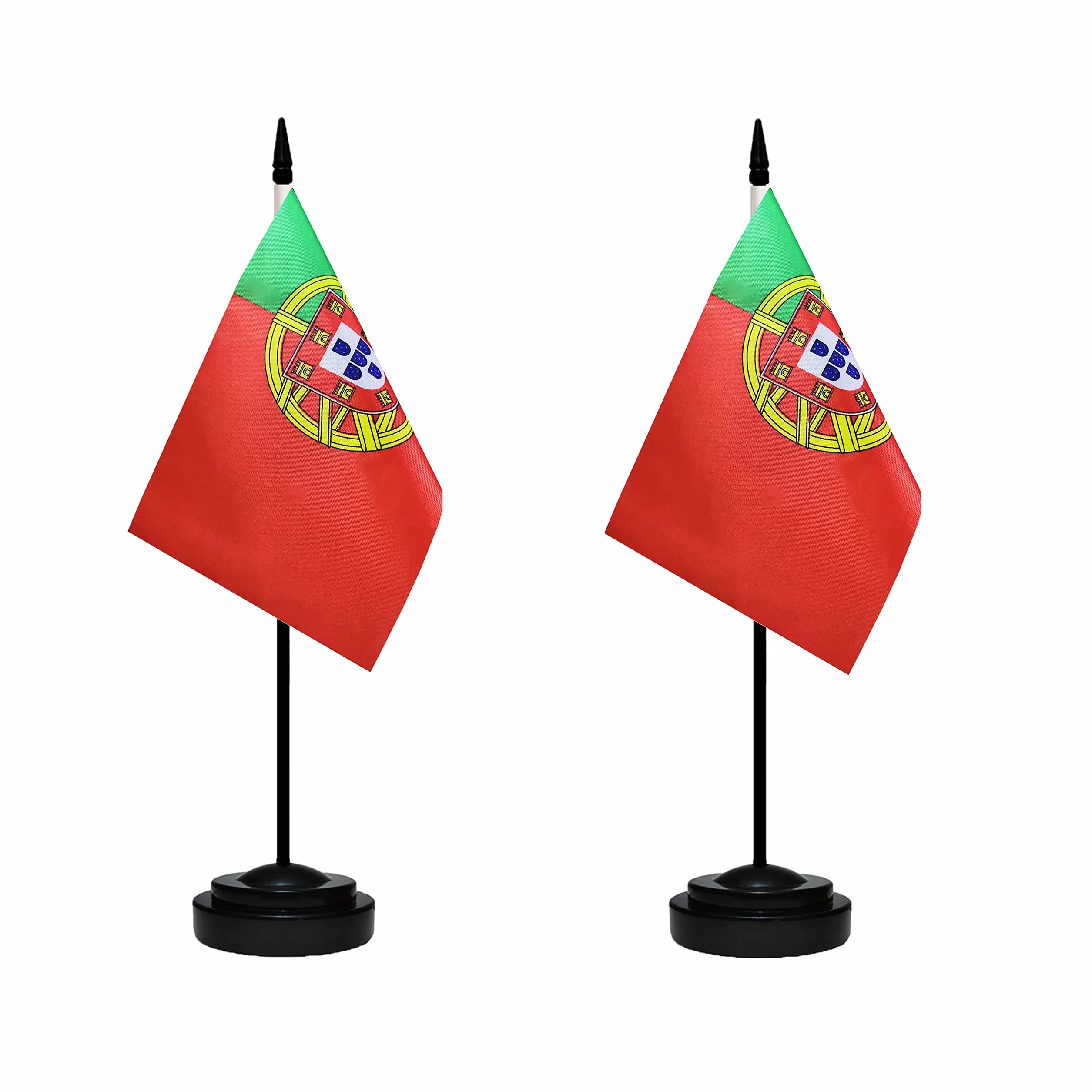Lot de 2 drapeaux de bureau portugais de luxe avec mât solide, base noire et dessus en lance