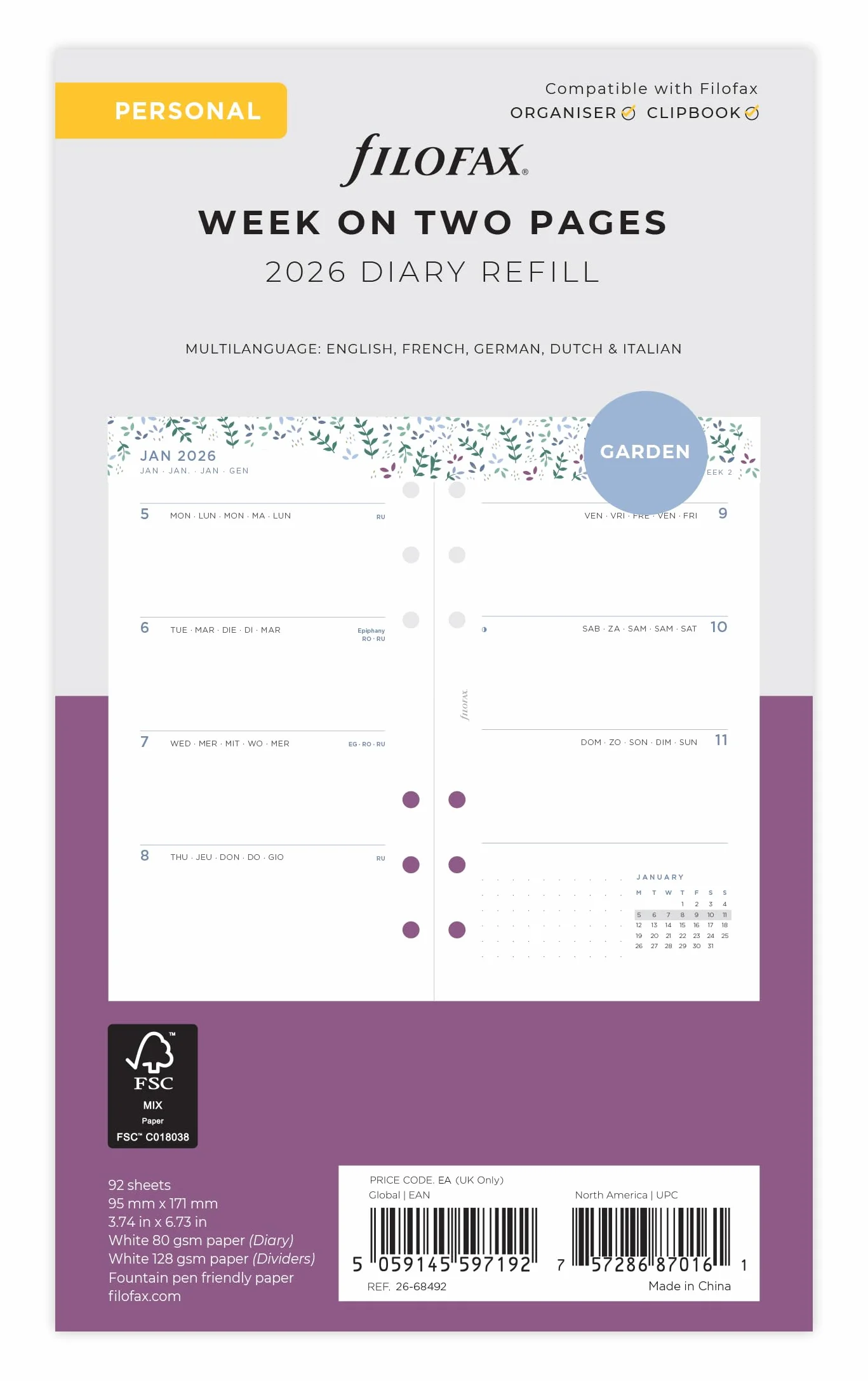 Filofax Personal Garden Agenda semainier 2026 en 5 langues 26-68492