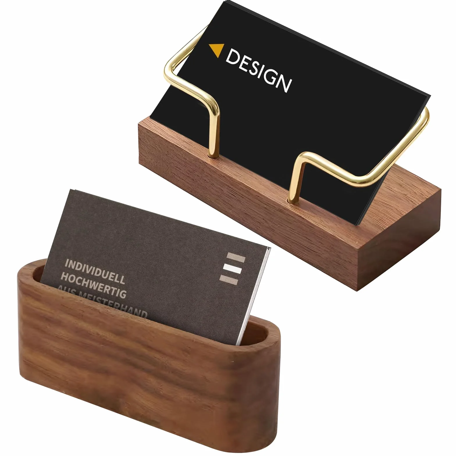 Porte-cartes de visite en bois – Lot de 2 supports en bois massif avec cadre métallique doré, design professionnel pour bureau, réception et décoration élégante – (brun foncé)