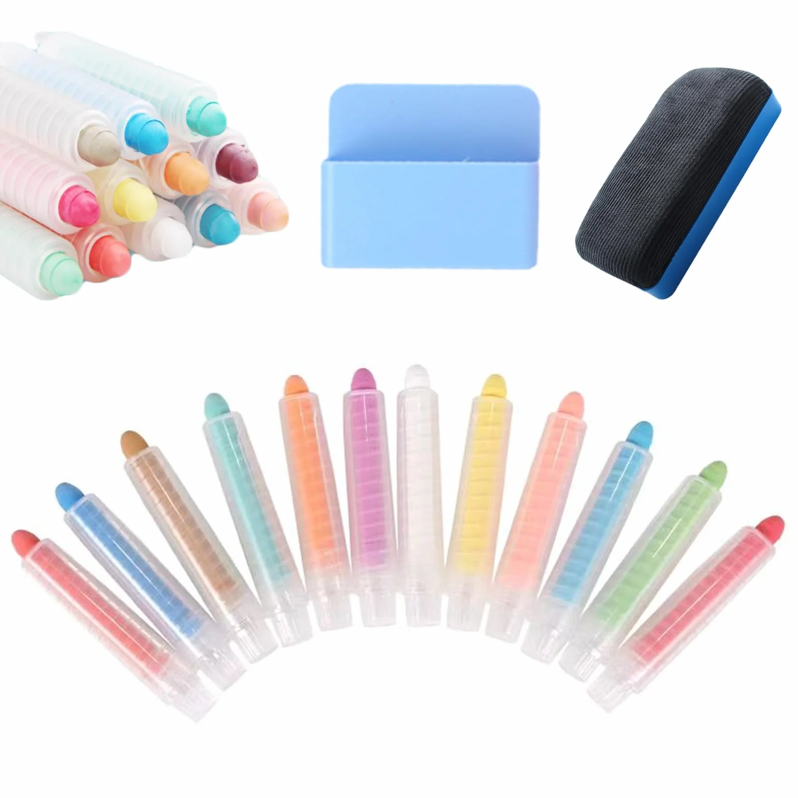Lot de 12 Crayons Craie de Couleur Sans Poussière Craie Lavables Non Toxiques avec 1 Support Magnétique pour Craies et 1 Effaceur pour Tableau Noir pour Tableau Blanc Noir Outils D'écriture