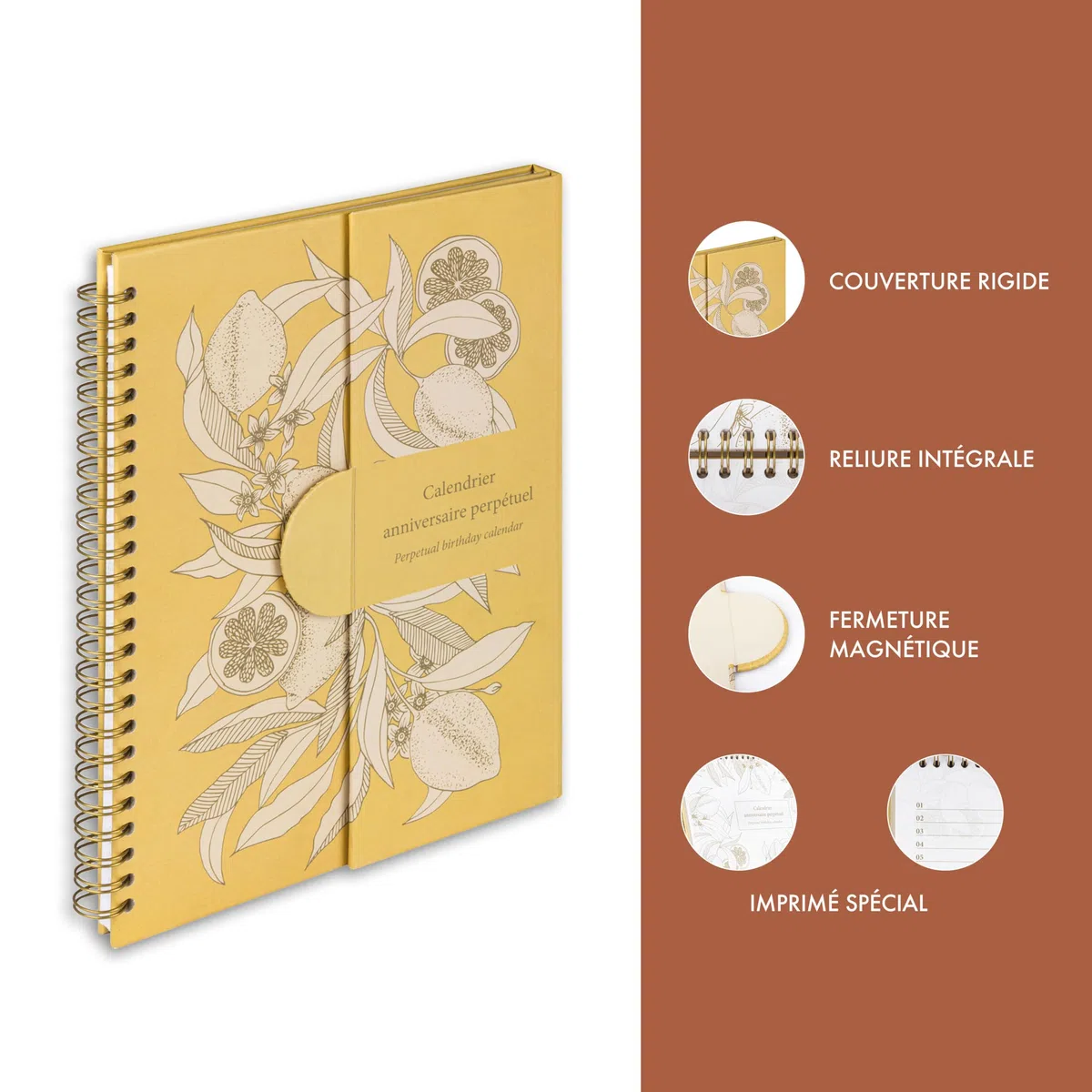 Clairefontaine - 116349C - Un Calendrier Anniversaire Perpétuel Fleurs de Citronniers A Spirale 23x17 cm 50 Pages Imprimées - Fermeture Aimantée pour affichage sur la table Collection Jardin des Sens