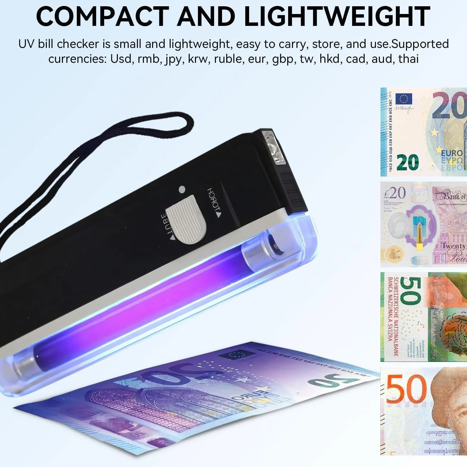 Agatige Détecteur Faux Billets Mini Poche, Détecteur Faux Billets Portable Afin Vérifier Billets, Cartes Bancaires Et ID Détecteur UV Pour Nouveaux Billets Détecteur Lampe UV Vérificateur Magasins