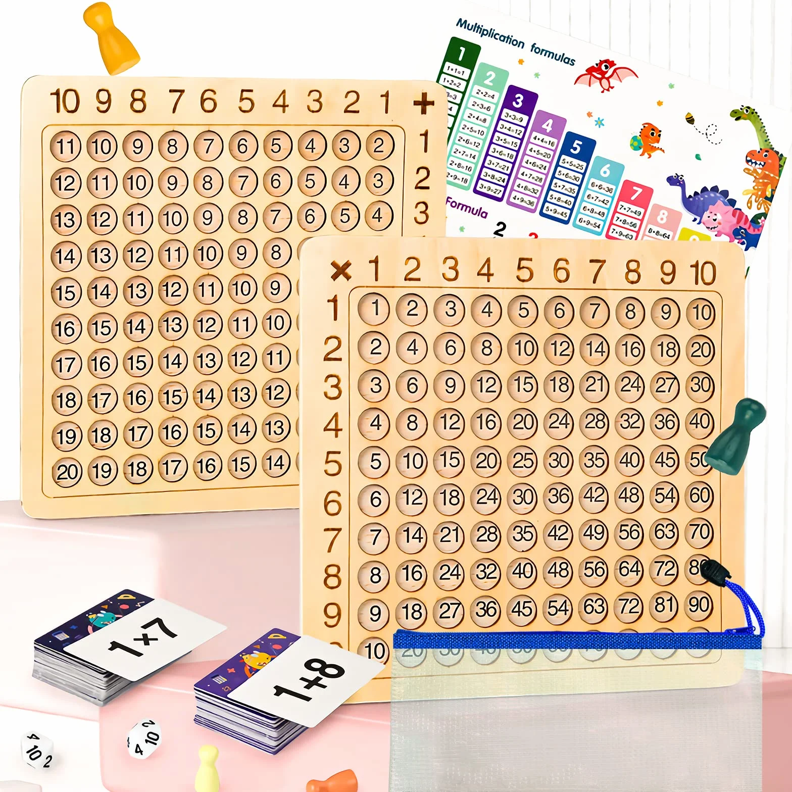 OneNine Jeu de Bord Montessori en Bois Multiplication & Addition 2 en 1, Jeu de Mathématiques 1x1, Apprendre à Calculer, Tableau de Multiplication, Outil d'enseignement de Multiplication par