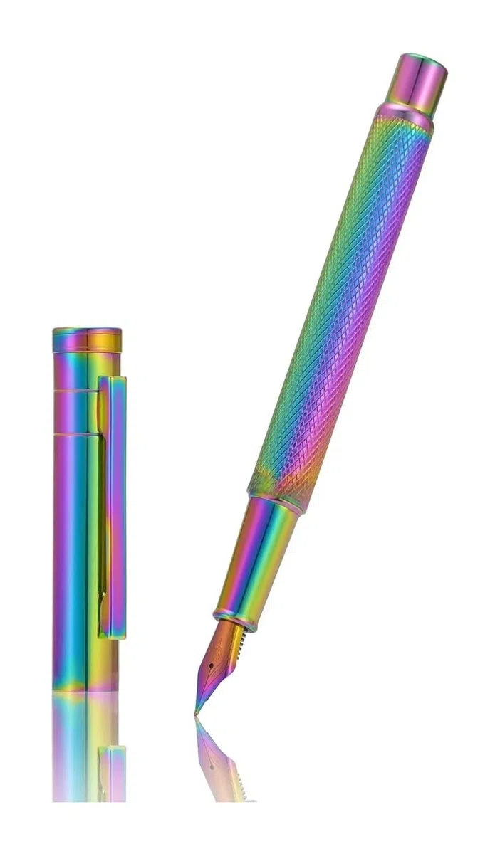Stylo-plume en laiton brut à pointe extra fine, design classique, écriture lisse, stylo en cuivre avec convertisseur et étui (arc-en-ciel)