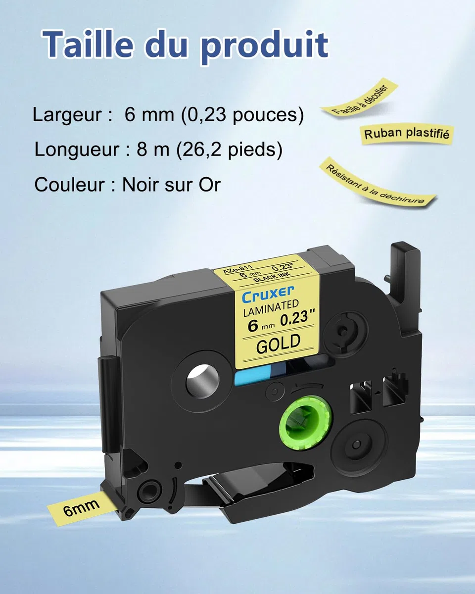 Cruxer Lot de 200 Compatible TZE-811 pour P-touch Noir sur Or 6 mm