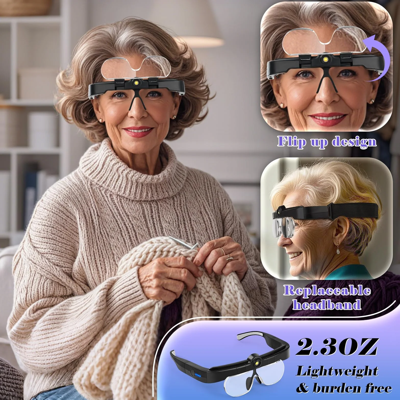 NZQXJXZ Loupe Serre-Tête avec Lumière LED et Réglage à 3 Températures de Couleur, 4 Lentilles Détachables(1.5X 2.5X 3.5X 5X), Lampe Frontale pour Lecture, Bijoutier, Broderie, Couture, Bijoux, Noir