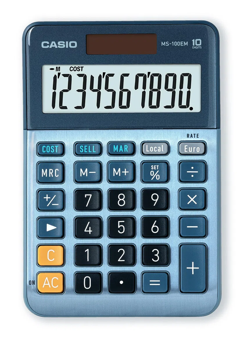 Casio MS100EM Calculatrice de Bureau à 10 Chiffres à énergie solaire/Batterie avec Calcul de Pourcentage avancé, Conversion de devises en euros Bleu
