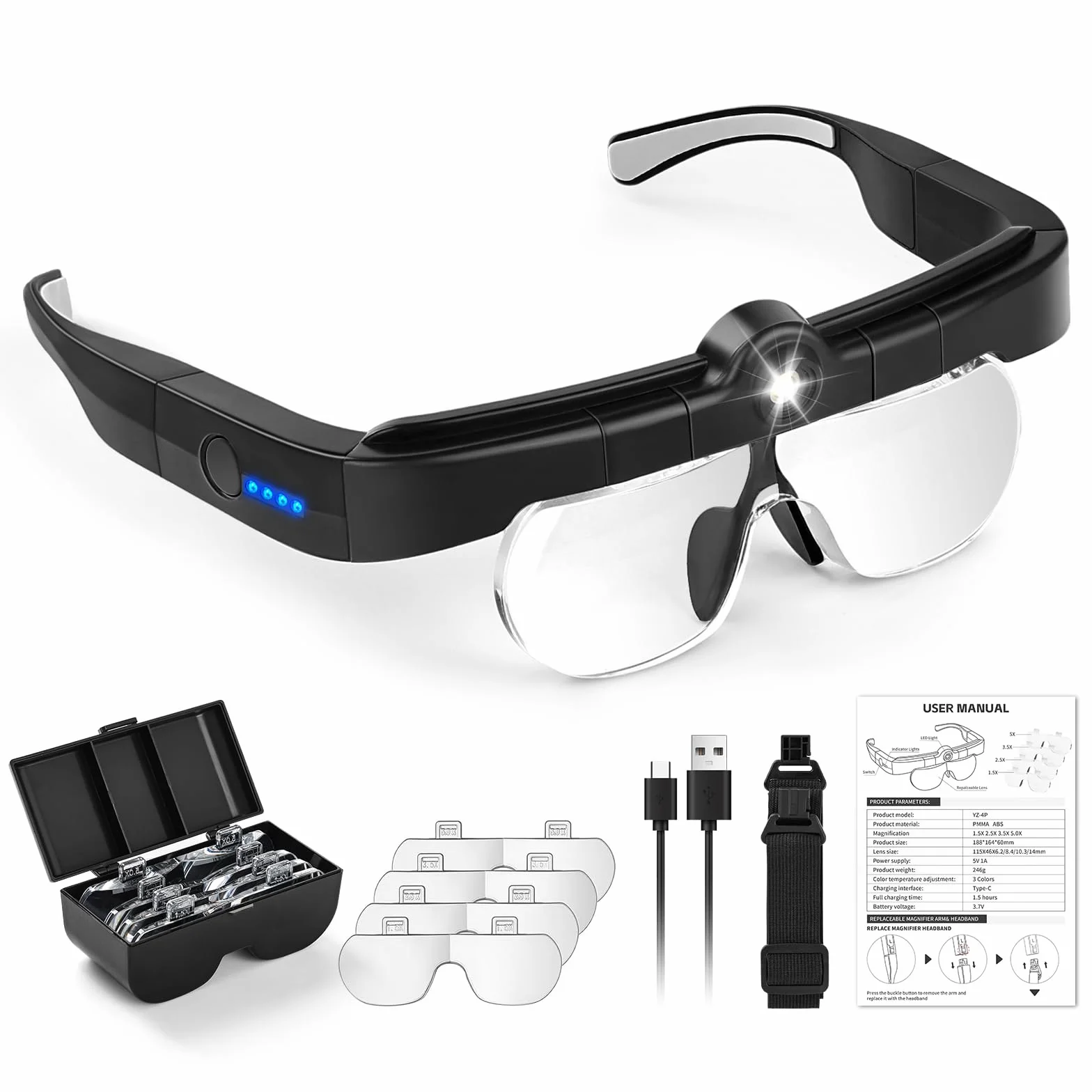 NZQXJXZ Loupe Serre-Tête avec Lumière LED et Réglage à 3 Températures de Couleur, 4 Lentilles Détachables(1.5X 2.5X 3.5X 5X), Lampe Frontale pour Lecture, Bijoutier, Broderie, Couture, Bijoux, Noir