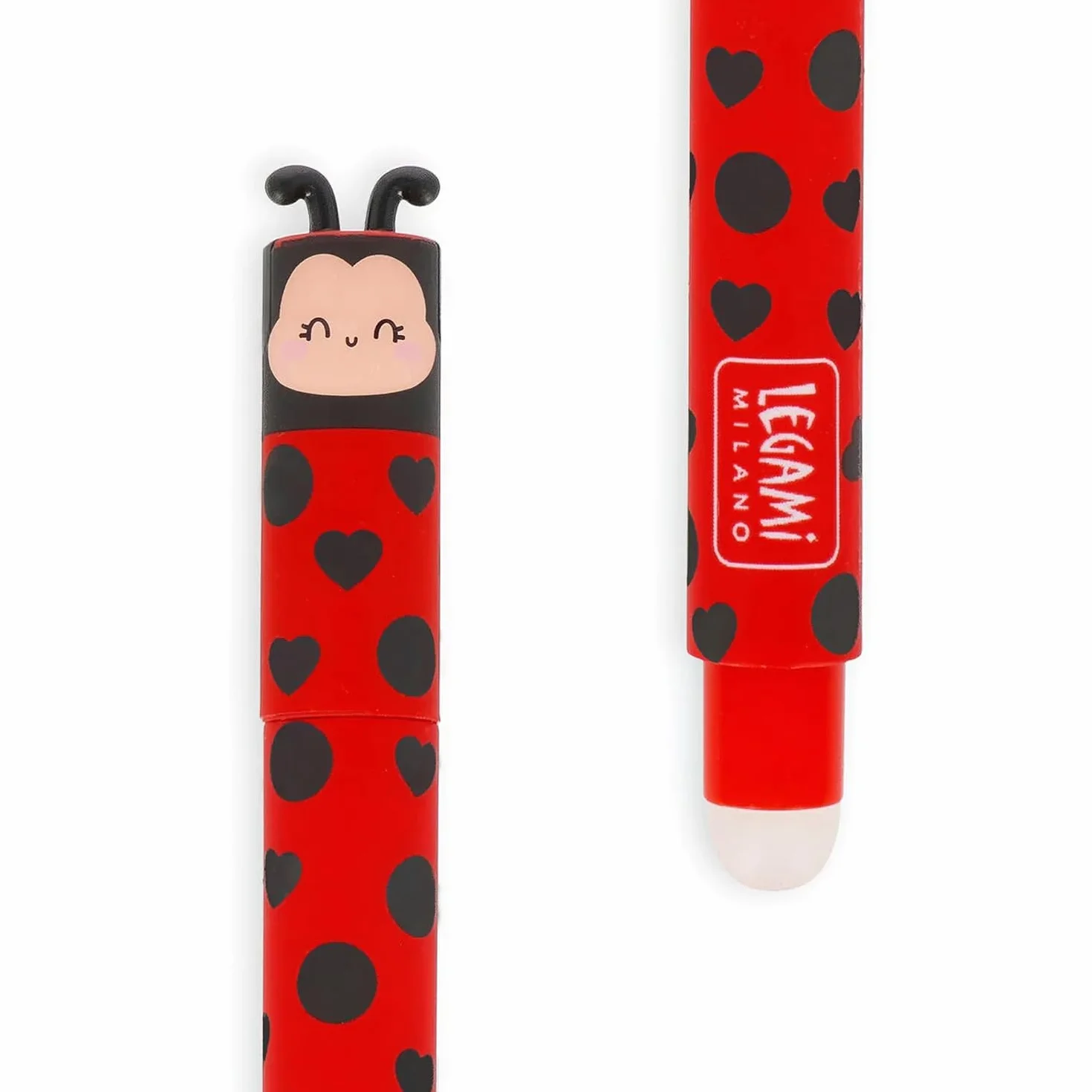 LEGAMI - Lot de 8 stylos à encre gel effaçables avec encre thermosensible, gamme de couleurs d'encre et motifs du corps du stylo, pointe de 0,7 mm, coccinelle, monstre, tigre, papillon et motifs de